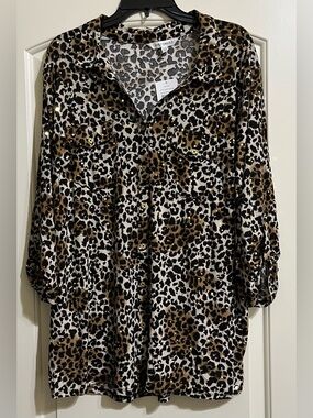 NWT Emily Daniels Leopard Print Gold Sparkle Button Down Top Blouse 2X NEW